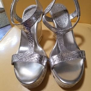 Silver sandal with 4" wedge heel